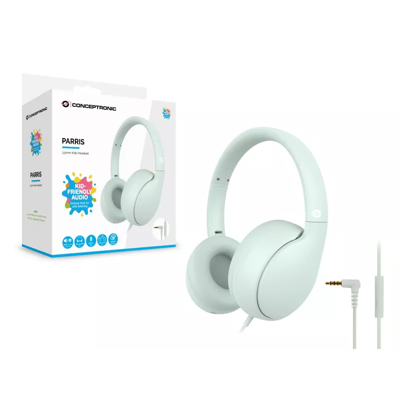 CONCEPTRONIC kids wired headset PARRIS04GT — 3.5mm, circumaural, 20–20000 Hz, 1.6 m cable, light green