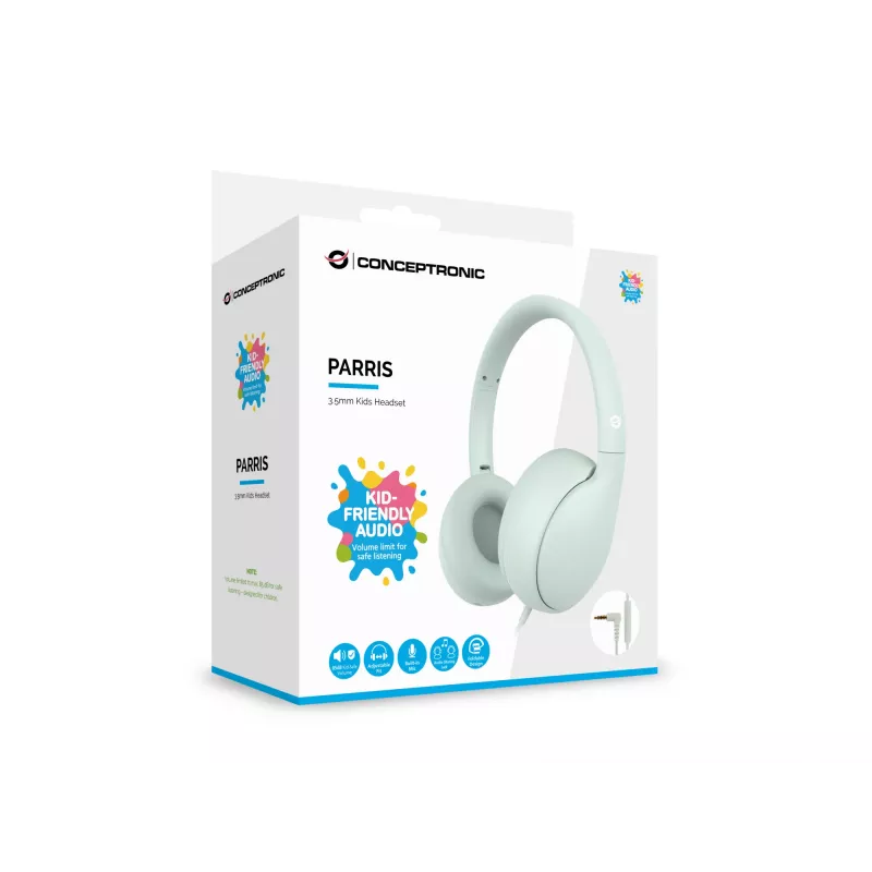 CONCEPTRONIC kids wired headset PARRIS04GT — 3.5mm, circumaural, 20–20000 Hz, 1.6 m cable, light green