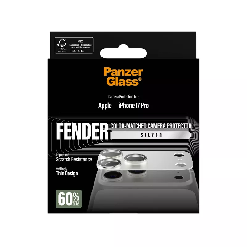 Camera protector PanzerGlass Fender for iPhone 17 Pro — silver, silicone, scratch- and shock-resistant