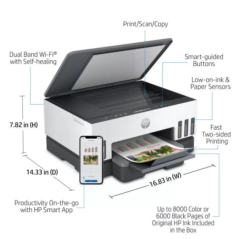 HP Smart Tank Tank Printer, Thermal inkjet, Colour printing, 4800 x 1200 DPI, A4, Direct printing, Grey