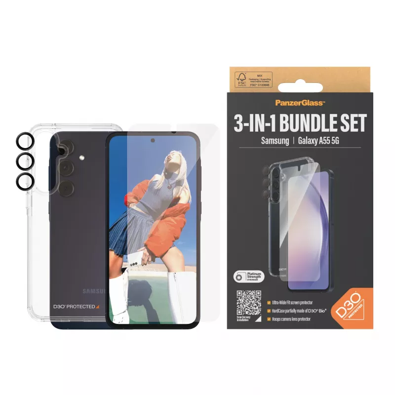 Screen protector pack PanzerGlass 3-in-1 for Samsung Galaxy A55 5G — Ultra-Wide Fit, EasyAligner, tempered glass/PET