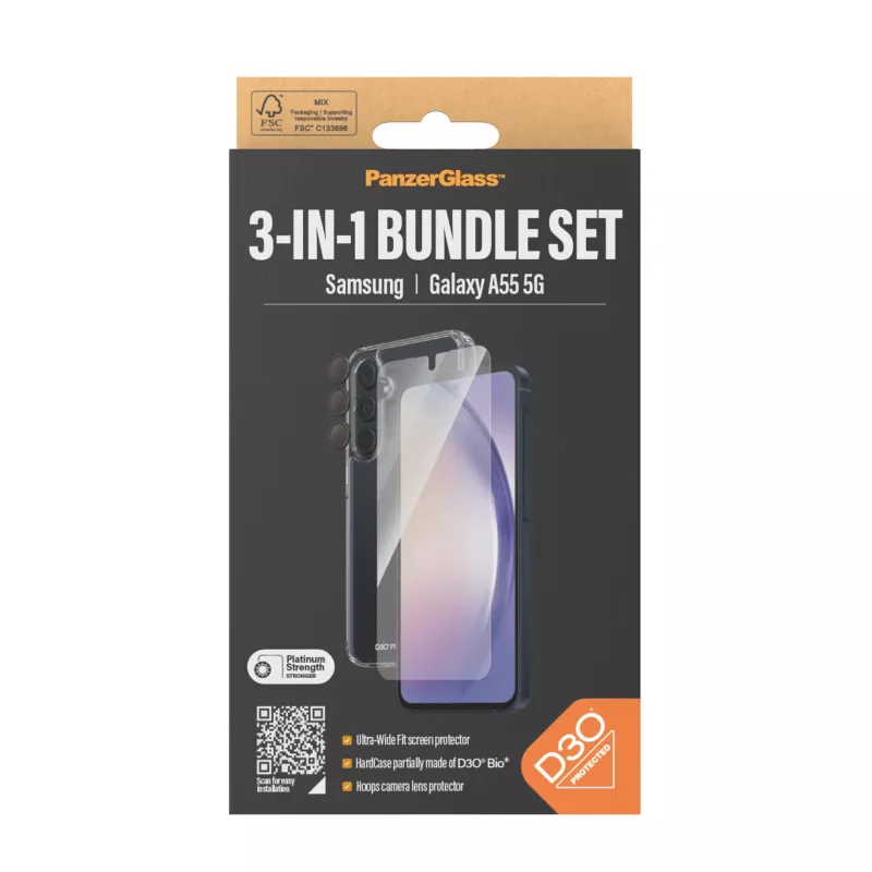 Screen protector pack PanzerGlass 3-in-1 for Samsung Galaxy A55 5G — Ultra-Wide Fit, EasyAligner, tempered glass/PET