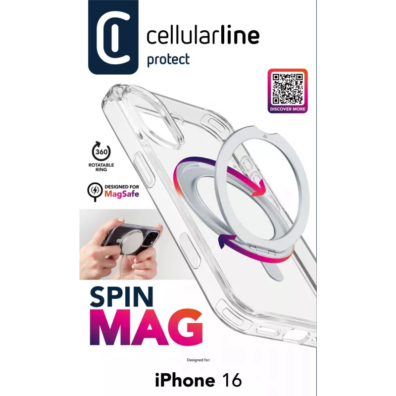 Cellularline Spin Mag - iPhone 16 Case with rotatable ring holder, compatible with Magsafe ecosystem