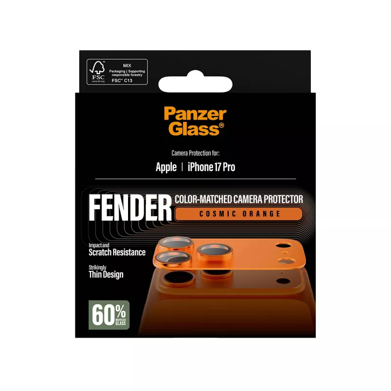 Camera protector PanzerGlass Fender for iPhone 17 Pro — silicone, Cosmic Orange, scratch- and shock-resistant