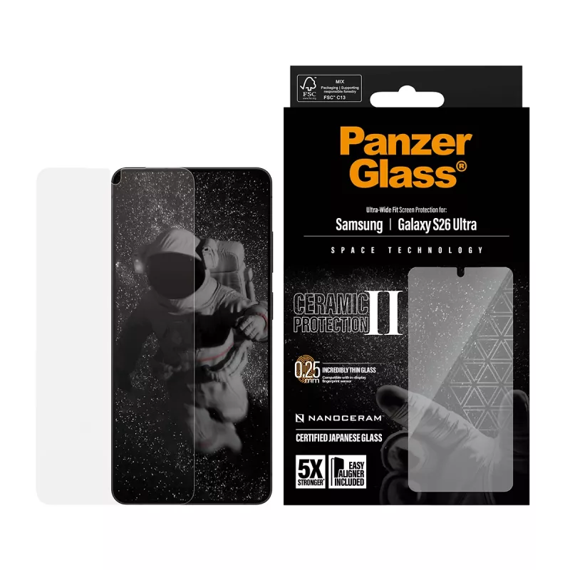 Screen protector PanzerGlass Ceramic for Samsung Galaxy S26 Ultra — tempered glass, Ultra-Wide Fit, EasyAligner, transparent
