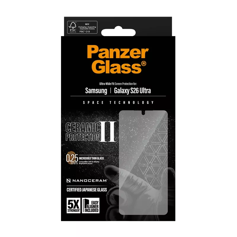 Screen protector PanzerGlass Ceramic for Samsung Galaxy S26 Ultra — tempered glass, Ultra-Wide Fit, EasyAligner, transparent