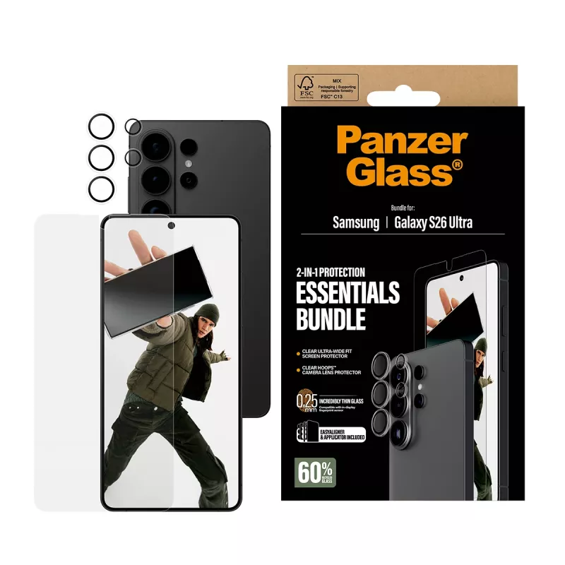 Screen protector bundle PanzerGlass Hoops 2-in-1 for Samsung Galaxy S26 Ultra — tempered glass + PET, transparent, ultra-wide fit