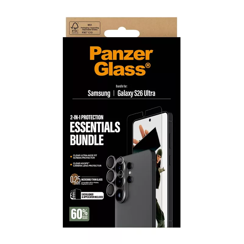 Screen protector bundle PanzerGlass Hoops 2-in-1 for Samsung Galaxy S26 Ultra — tempered glass + PET, transparent, ultra-wide fit