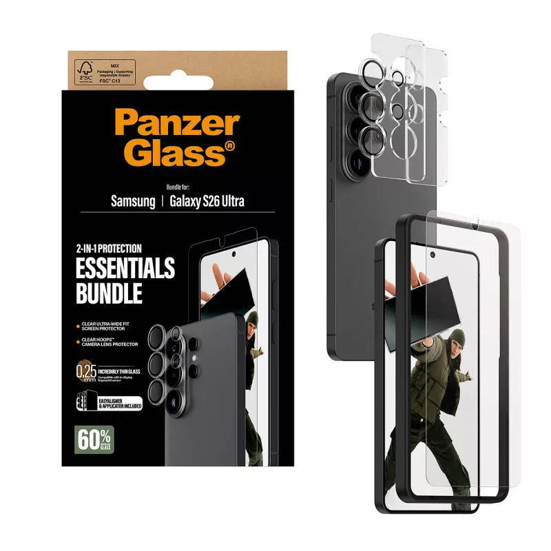 Screen protector bundle PanzerGlass Hoops 2-in-1 for Samsung Galaxy S26 Ultra — tempered glass + PET, transparent, ultra-wide fit