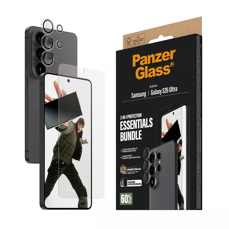 Screen protector bundle PanzerGlass Hoops 2-in-1 for Samsung Galaxy S26 Ultra — tempered glass + PET, transparent, ultra-wide fit