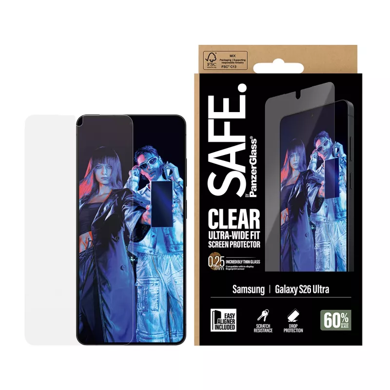 Screen protector PanzerGlass SAFE by for Samsung New Galaxy S 2026 Ultra — Ultra‑Wide Fit, PET + silicone, EasyAligner, transparent