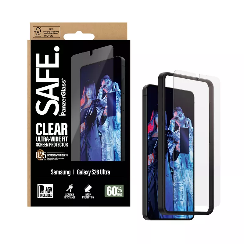 Screen protector PanzerGlass SAFE by for Samsung New Galaxy S 2026 Ultra — Ultra‑Wide Fit, PET + silicone, EasyAligner, transparent