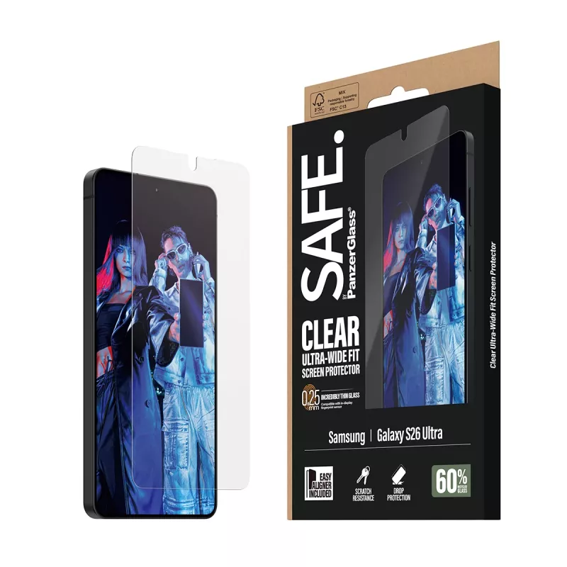 Screen protector PanzerGlass SAFE by for Samsung New Galaxy S 2026 Ultra — Ultra‑Wide Fit, PET + silicone, EasyAligner, transparent