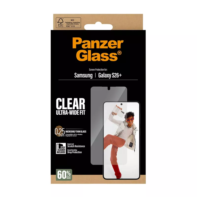 Tempered Screen Protector PanzerGlass for Samsung Galaxy S26+ — U-Wide Fit with EasyAligner