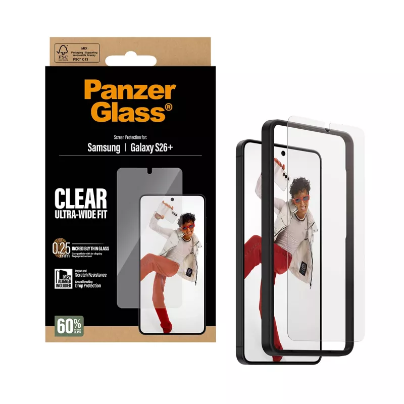 Tempered Screen Protector PanzerGlass for Samsung Galaxy S26+ — U-Wide Fit with EasyAligner