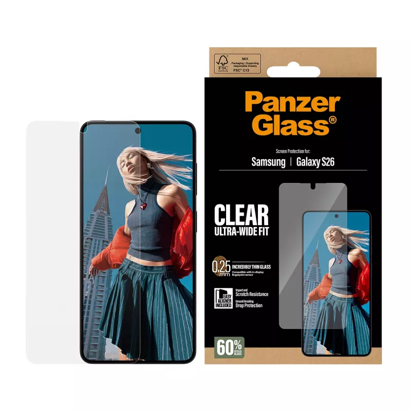 Clear Screen Protector PanzerGlass for Samsung Galaxy S26 – Ultra-Wide Fit, PET + Silicone, Dry Apply