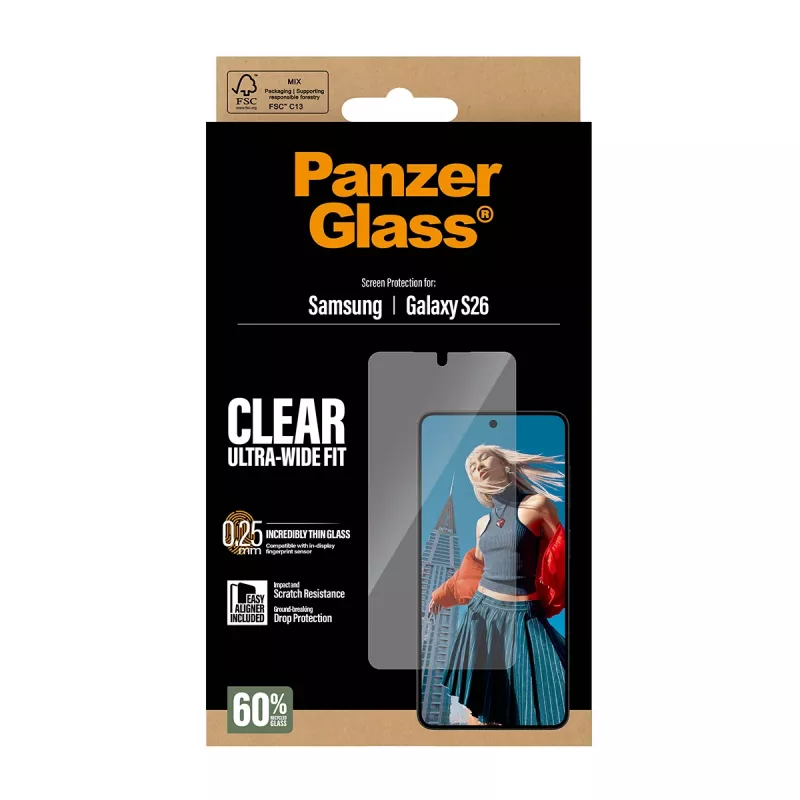 Clear Screen Protector PanzerGlass for Samsung Galaxy S26 – Ultra-Wide Fit, PET + Silicone, Dry Apply