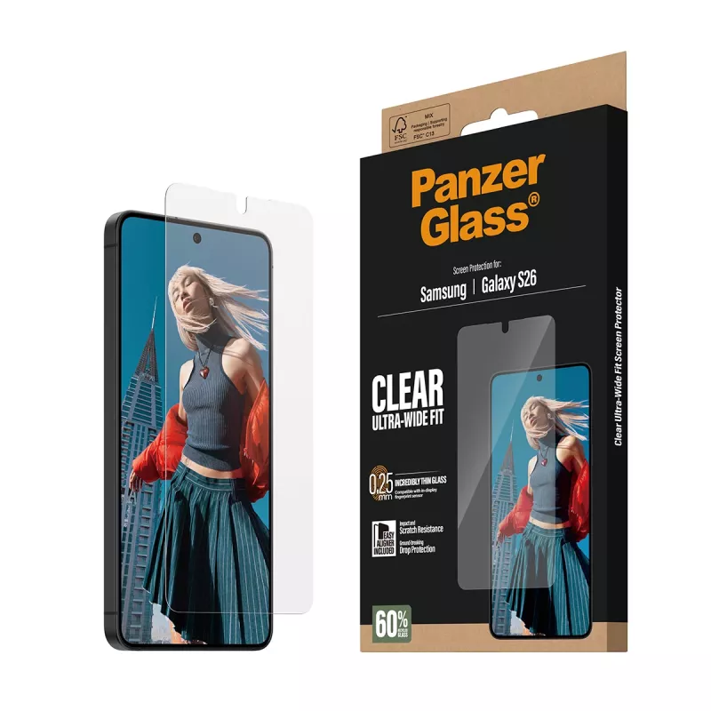 Clear Screen Protector PanzerGlass for Samsung Galaxy S26 – Ultra-Wide Fit, PET + Silicone, Dry Apply