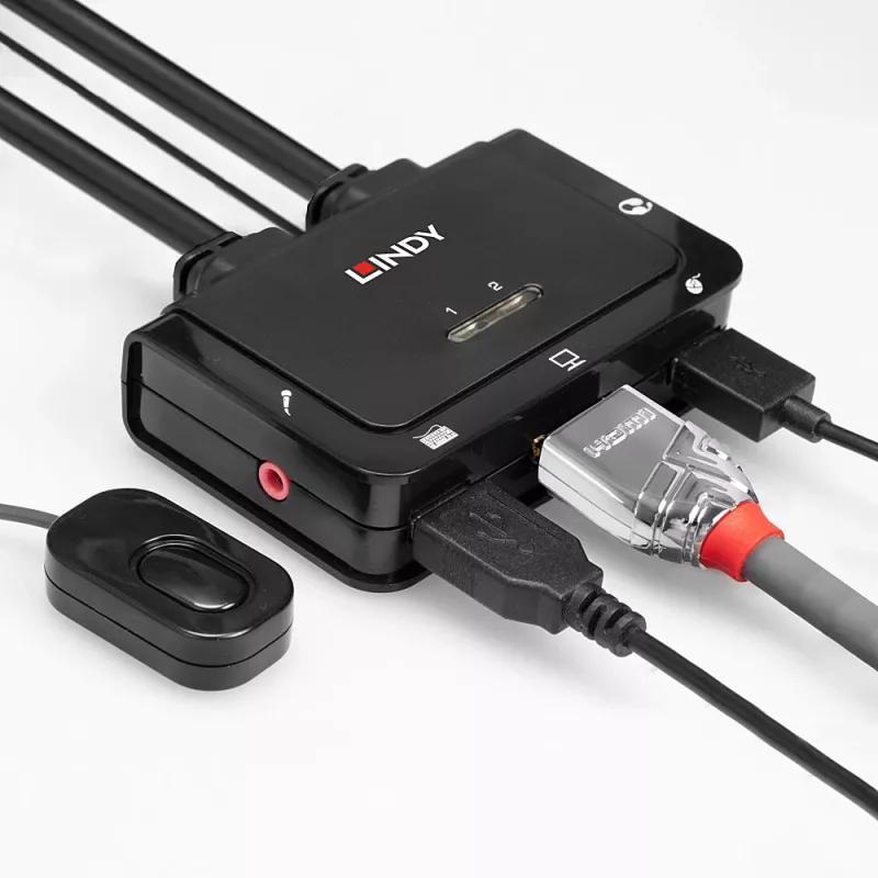 Lindy 2 Port HDMI 4K60, USB 2.0 and Audio Cable KVM Switch, 4096 x 2160 pixels, 4K Ultra HD, Rack mounting, Black
