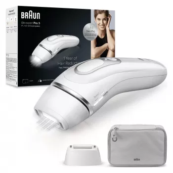 IPL hair removal device BRAUN Silk‑expert Pro 3 PL3020 — Silver/White, AC powered, face and body attachments