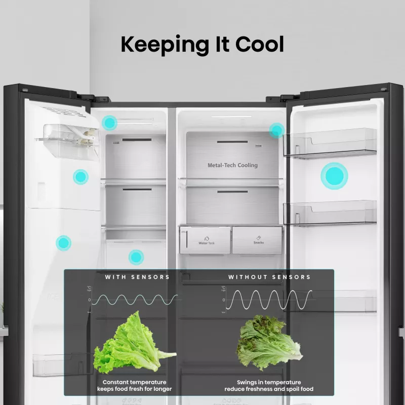 Hisense Side by Side Fridge RS818N4TFE, Freestanding, American Door, Black, Touch, LED, On-Door Display