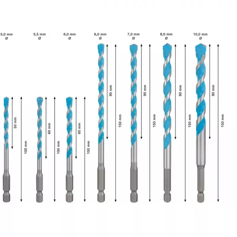 Drill bit set Bosch EXPERT HEX-9 MultiConstruction, 7 pcs (Ø5, 5.5, 6, 7, 8, 10 mm)
