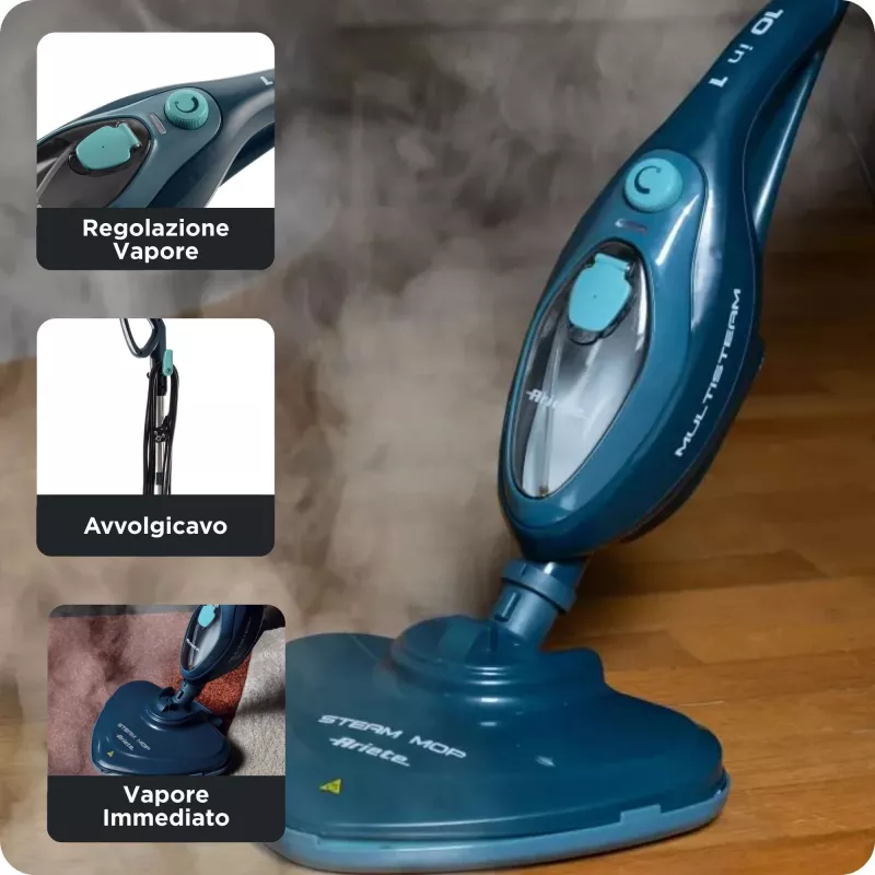 Ariete 4164 Steam mop 10 in 1, Steam mop, kills 99.9% of germs and bacteria, Attachment kit, Unlimited operating time, 1500 Watt