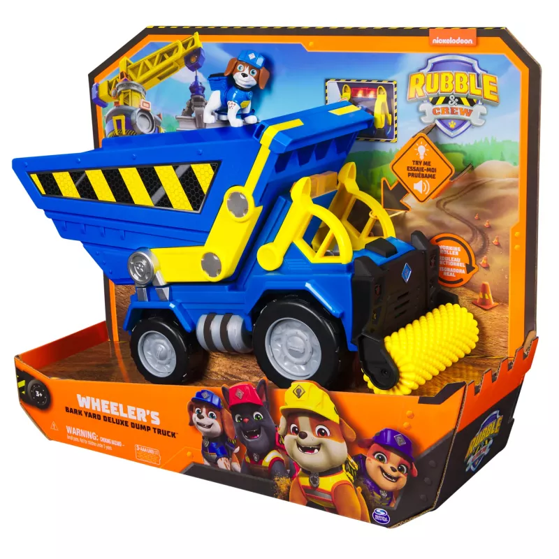 Rubble & Crew , Bark Yard Deluxe Dump Truck Construction Vehicle with Lights, Sounds & Wheeler Action Figure, Kids Toys for Boys & Girls Ages 3 and up