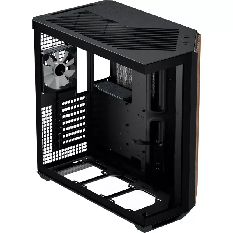 APNX Tower case V1-W-BK-v3 with two tempered glass panels and wood paneling, black