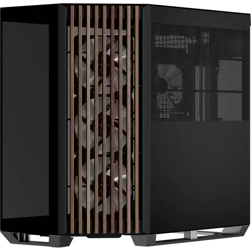 APNX Tower case V1-W-BK-v3 with two tempered glass panels and wood paneling, black
