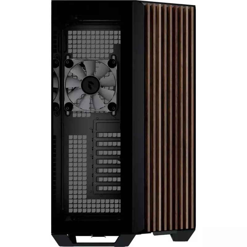 APNX Tower case V1-W-BK-v3 with two tempered glass panels and wood paneling, black