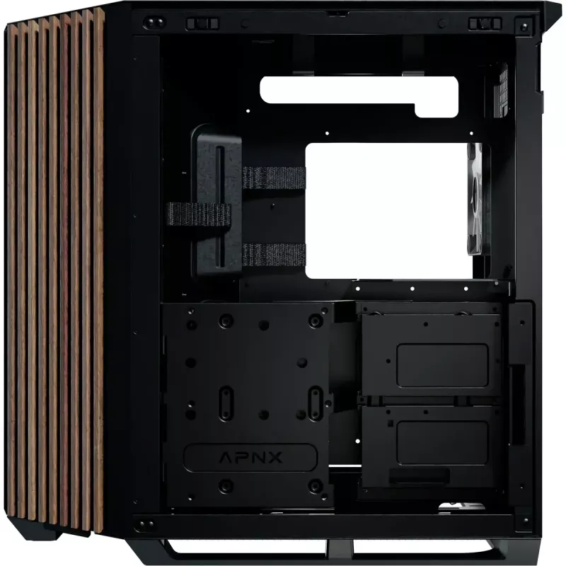 APNX Tower case V1-W-BK-v3 with two tempered glass panels and wood paneling, black