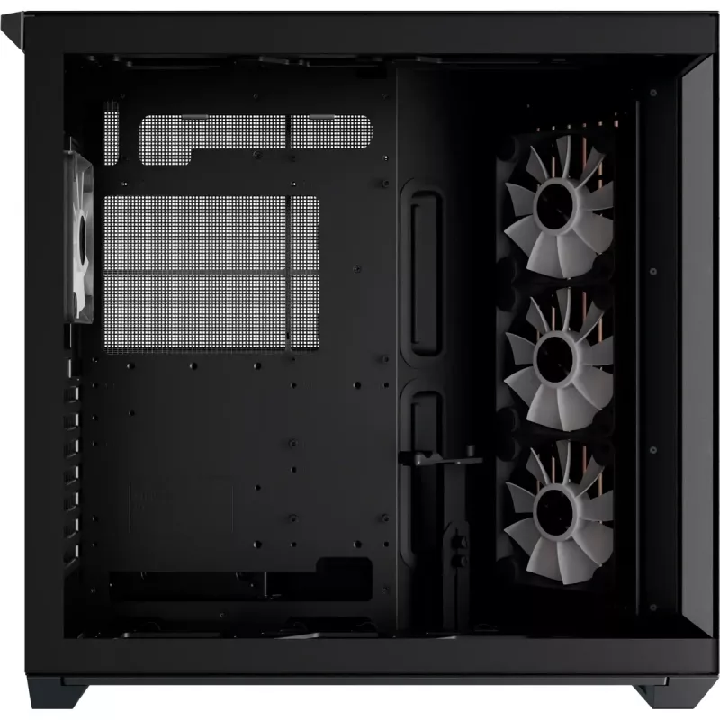 APNX Tower case V1-W-BK-v3 with two tempered glass panels and wood paneling, black