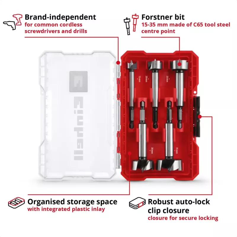 Forstner drill bit set Einhell-KWB 5 pcs, red/transparent, 1/4 inch shank, M-CASE (MPN 706003)