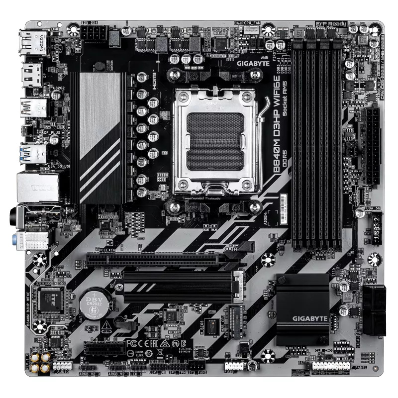 GIGABYTE B840M D3HP WIFI6E Micro ATX Motherboard — AMD Socket AM5, B840, 4x DDR5 up to 8200MHz OC, 2x PCIe 4.0 M.2, Wi‑Fi 6E, 1GbE