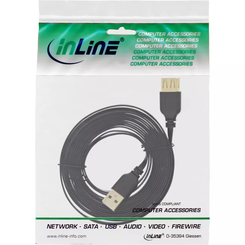 InLine USB 2.0 Flat Cable Type A male / female gold plated black 2m