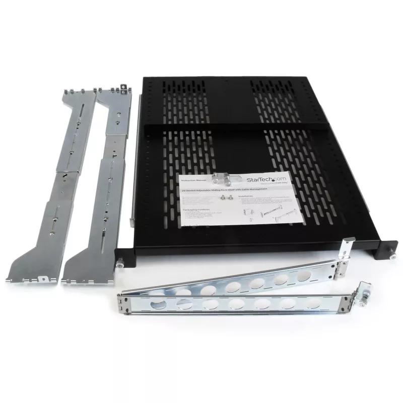 StarTech.com 2U Vented Sliding Server Rack Shelf w/ Cable Management Arm - 27.7 to 31.6in Adjustable Mounting Depth - 50lb - 19” Server Tray Shelf for Equipment Rack - 24in Deep