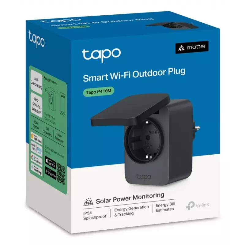 Smart plug TP-Link Tapo P410M — outdoor Wi‑Fi socket, 3680 W, 200–250 V, black