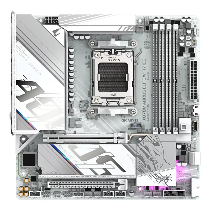GIGABYTE Motherboard X870M AORUS ELITE WIFI7 ICE — Micro ATX, AMD X870, Socket AM5, DDR5 up to 8200Hz (O.C), 14+2+2 VRM, PCIe 5.0, Wi‑Fi 7, 2.5 GbE, USB4