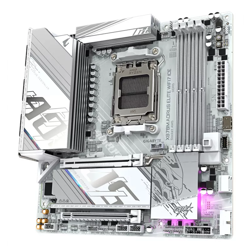 GIGABYTE Motherboard X870M AORUS ELITE WIFI7 ICE — Micro ATX, AMD X870, Socket AM5, DDR5 up to 8200Hz (O.C), 14+2+2 VRM, PCIe 5.0, Wi‑Fi 7, 2.5 GbE, USB4