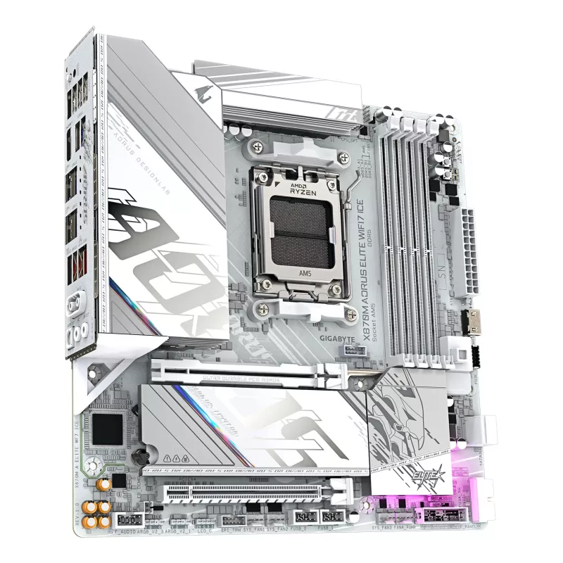 GIGABYTE Motherboard X870M AORUS ELITE WIFI7 ICE — Micro ATX, AMD X870, Socket AM5, DDR5 up to 8200Hz (O.C), 14+2+2 VRM, PCIe 5.0, Wi‑Fi 7, 2.5 GbE, USB4