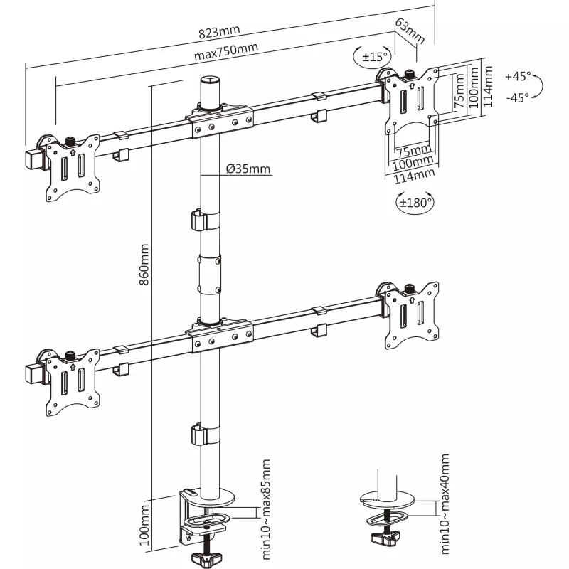 InLine Desk Bracket for 4x TV / LED / TFT Display up to 81cm 32 inch max. 9kg