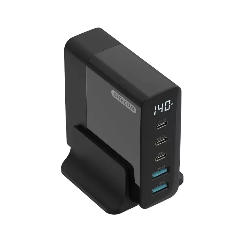 Mobile device charger Sitecom CH-1004 — Universal AC indoor charger, 100–240V input, up to 20V output, 3× USB-C, black