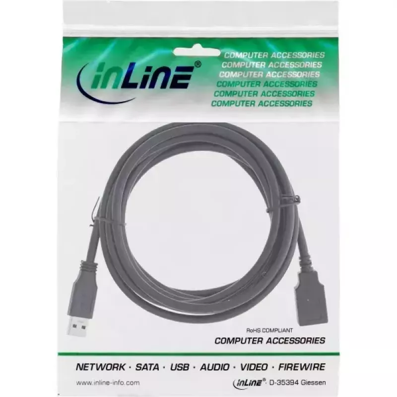 USB 3.2 Gen 1 (USB 3.0) extension cable A male–A female, InLine, 2 m, black — pack of 50