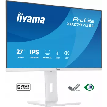27 inch IIYAMA ProLite XB2797QSU-W1 IPS Quad HD (2560x1440) LED monitor, 178° viewing, USB 3.2 hub, speakers, VESA, height adjustable, white