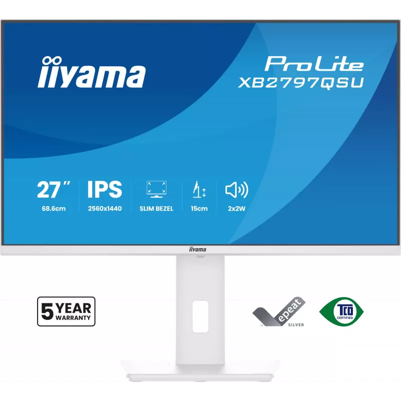 27 inch IIYAMA ProLite XB2797QSU-W1 IPS Quad HD (2560x1440) LED monitor, 178° viewing, USB 3.2 hub, speakers, VESA, height adjustable, white