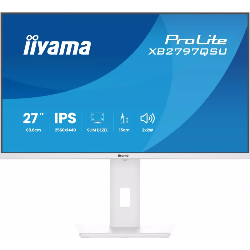 27 inch IIYAMA ProLite XB2797QSU-W1 IPS Quad HD (2560x1440) LED monitor, 178° viewing, USB 3.2 hub, speakers, VESA, height adjustable, white