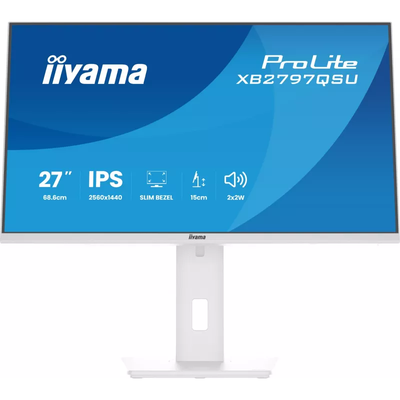 27 inch IIYAMA ProLite XB2797QSU-W1 IPS Quad HD (2560x1440) LED monitor, 178° viewing, USB 3.2 hub, speakers, VESA, height adjustable, white