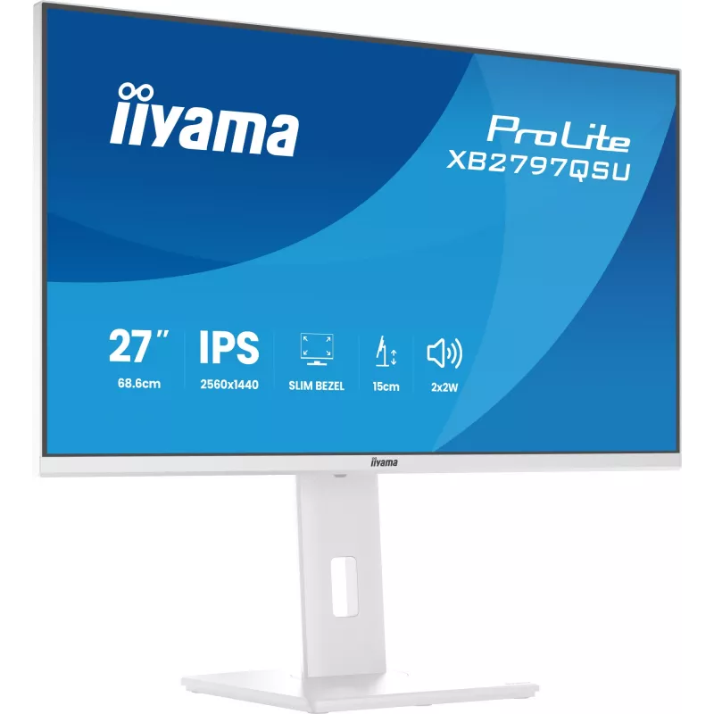 27 inch IIYAMA ProLite XB2797QSU-W1 IPS Quad HD (2560x1440) LED monitor, 178° viewing, USB 3.2 hub, speakers, VESA, height adjustable, white