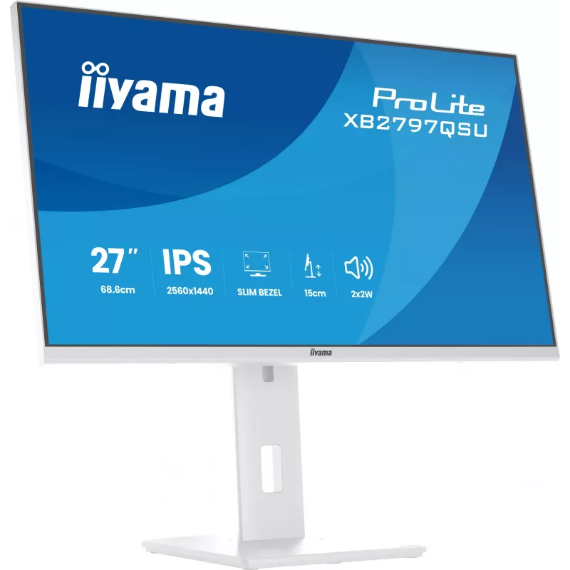 27 inch IIYAMA ProLite XB2797QSU-W1 IPS Quad HD (2560x1440) LED monitor, 178° viewing, USB 3.2 hub, speakers, VESA, height adjustable, white